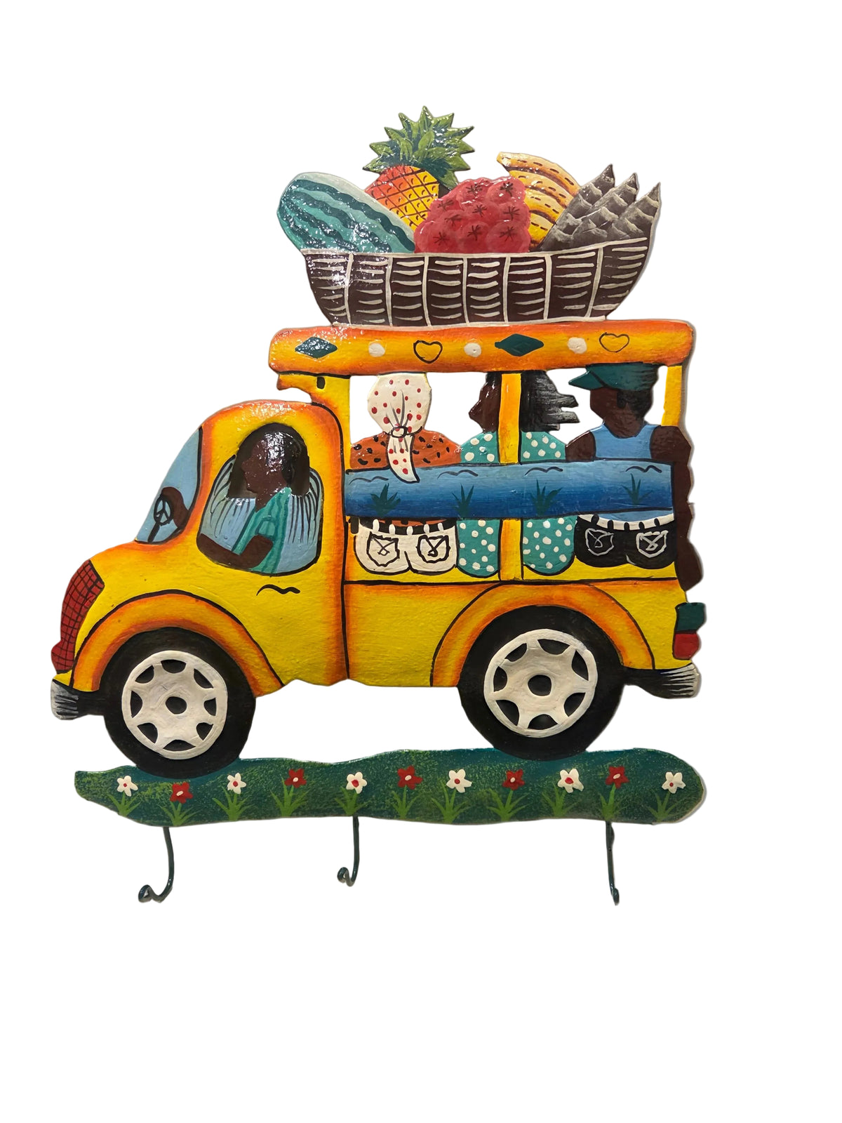 Colorful wall art of a bus "Tap Tap" with various patterns and designs.