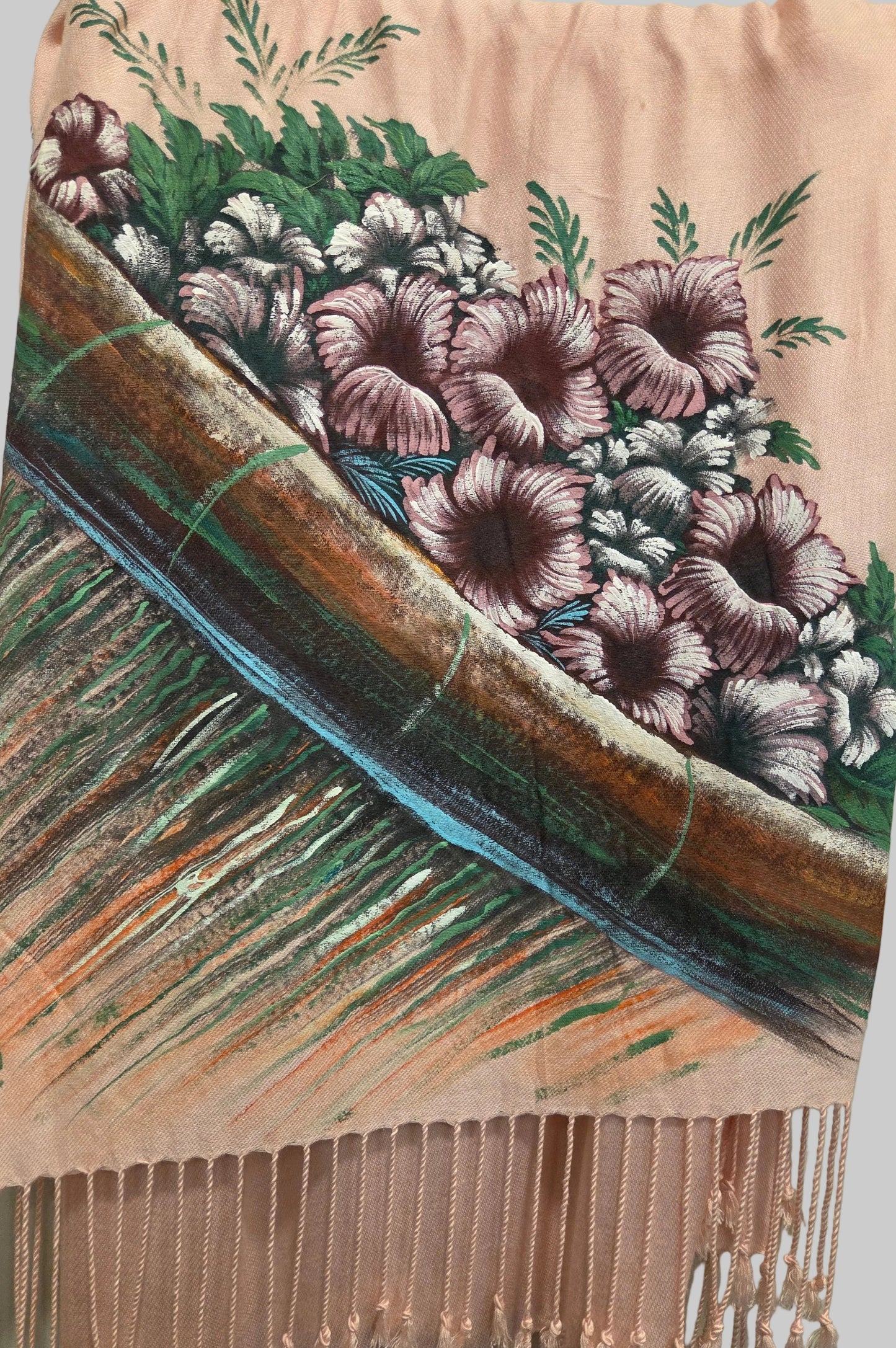 Hand painted scarf with floral design and fringe details