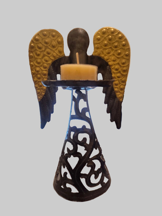 Decorative metal stand with a candle.